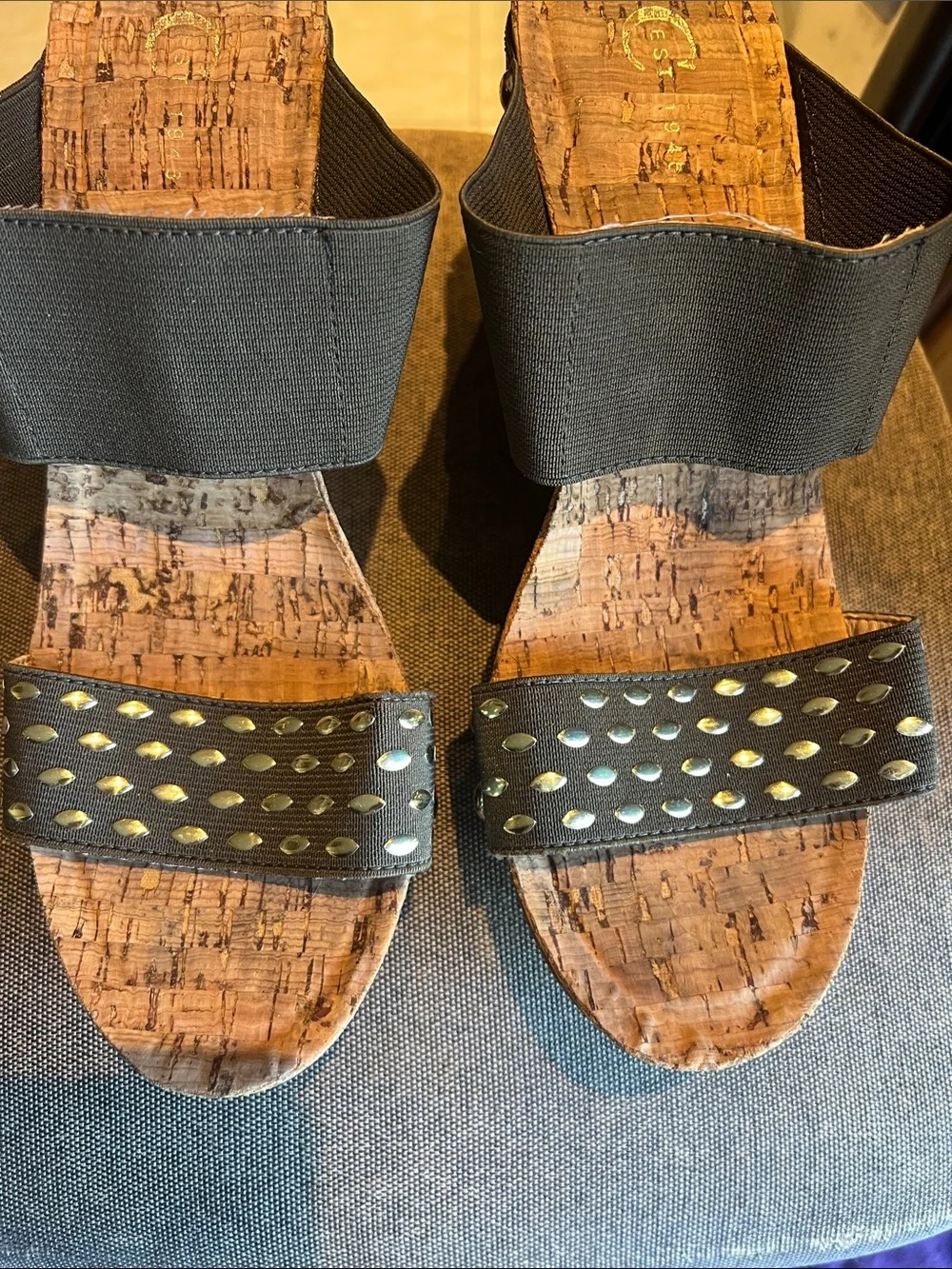 Women’s Olive Green Cork Slide Sandals with Stud Detail - Picture 2 of 7